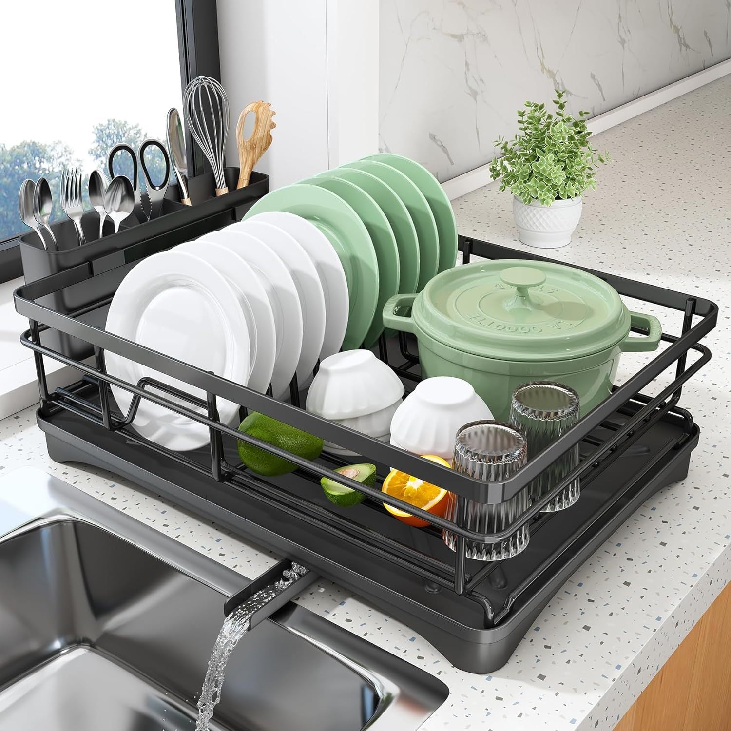 Dish Drying Rack, Stainless Steel Dish Rack for Sink, Large Dish Rack with Drainboard, Rustproof Dish Drainer with Utensil Holder for Kitchen, Black