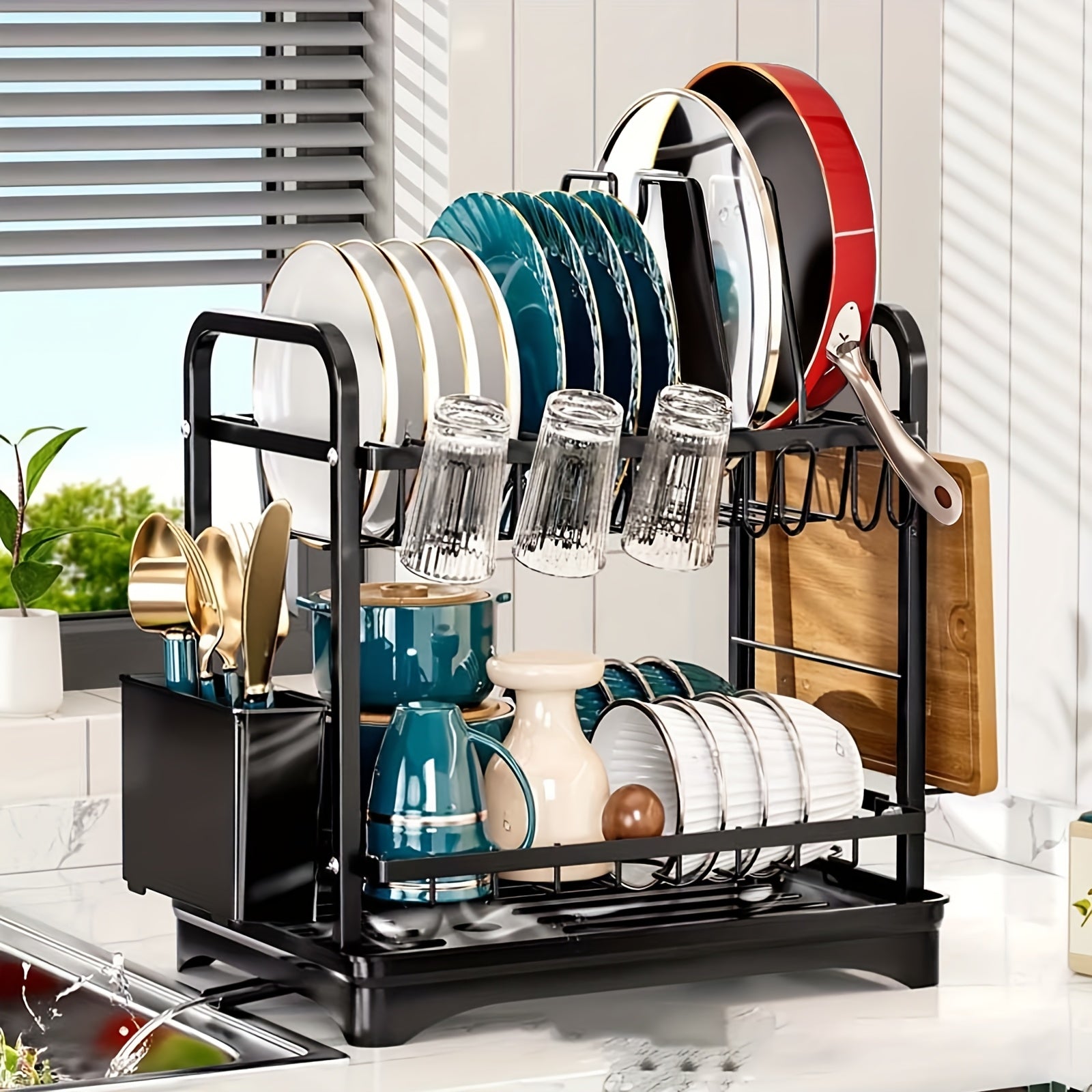 2 Tier Dish Drying Rack with Pot Holders, Dish Racks for Kitchen Counter, Kitchen Utensil Holder Dish Rack with Drainboard, Metal Kitchen Dish Rack, Kitchen Drying Rack Two Tier, Black Dish Racks, Kitchen Organizer, Pantry Organizers And Storage