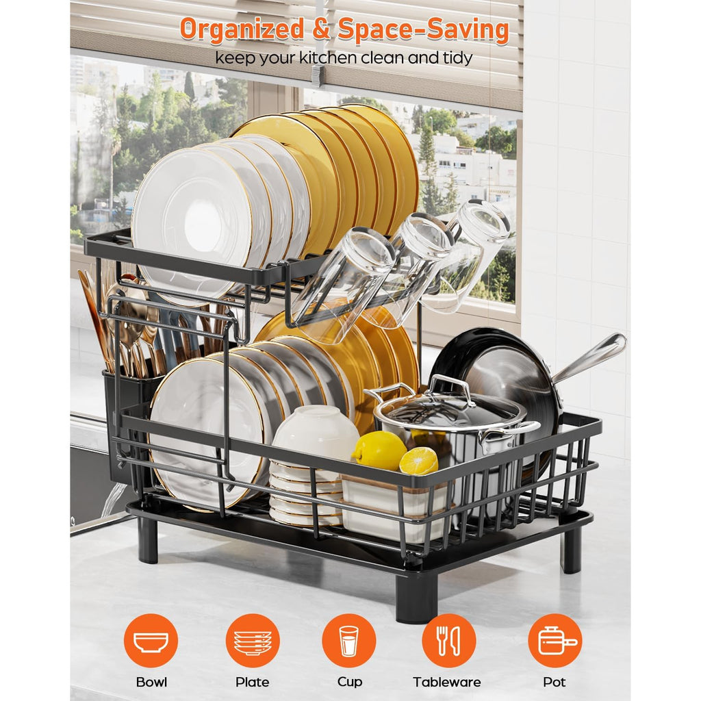 [Steel Dish Rack] Stainless Steel 1/2 Tier Dish Drying Rack | Multifunctional Dish Rack Kitchen Counter, Dish Drainer With Drainboard, Utensil Holder, Cup Holder Dishes, Knives, Spoons, Forks, Black