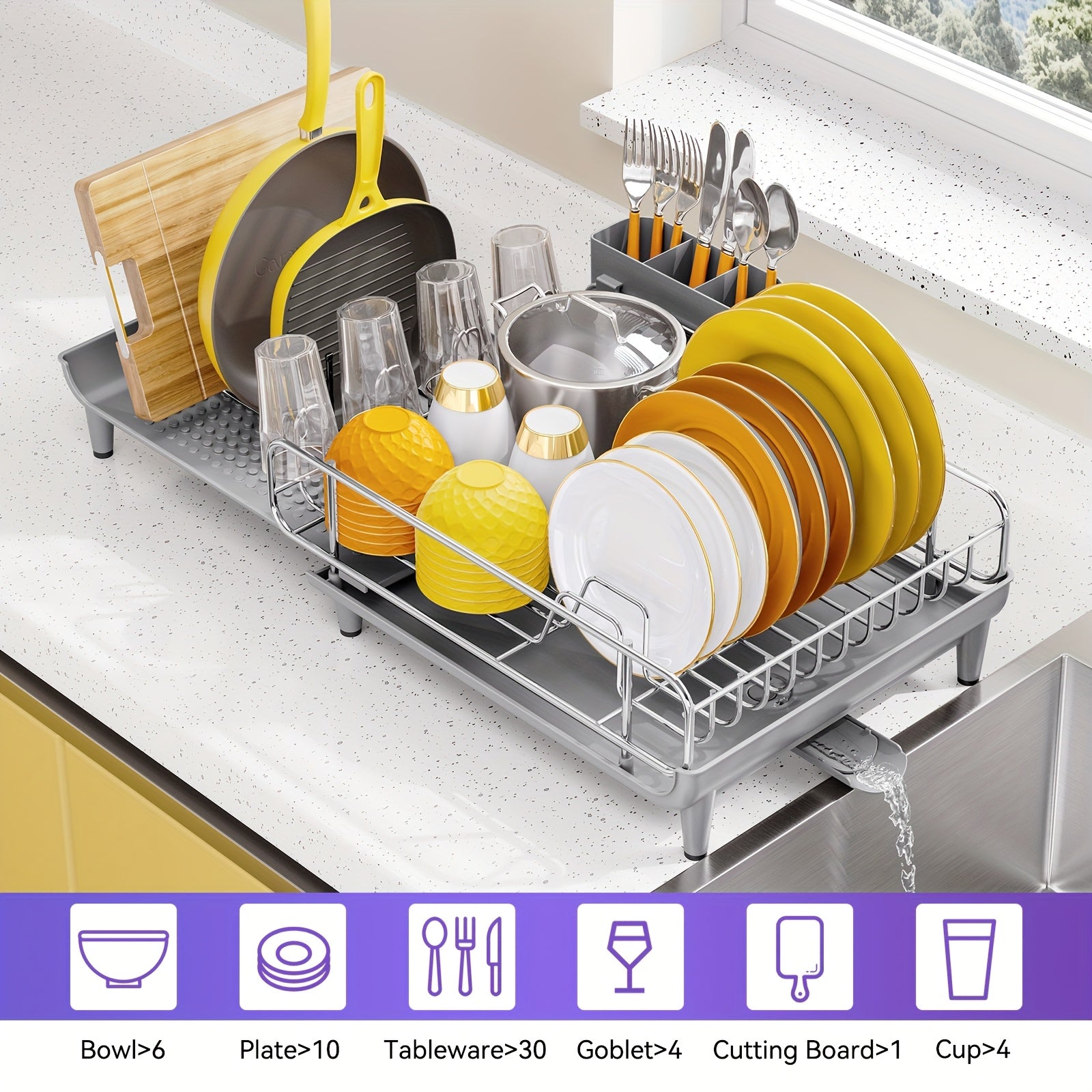 KINGRACK Expandable Dish Drying Rack, Foldable Stainless Steel Drainer With Cutlery Holder, Large Size For Kitchen Counter