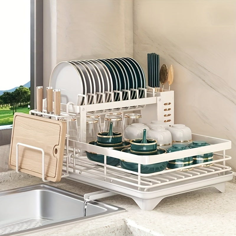 Dish Drying Rack, 2 Tier Dish Racks For Kitchen Counter, Large Stainless Steel Kitchen Dish Drying Rack With Drainboard, Detachable Dish Drainers With Utensil Holders