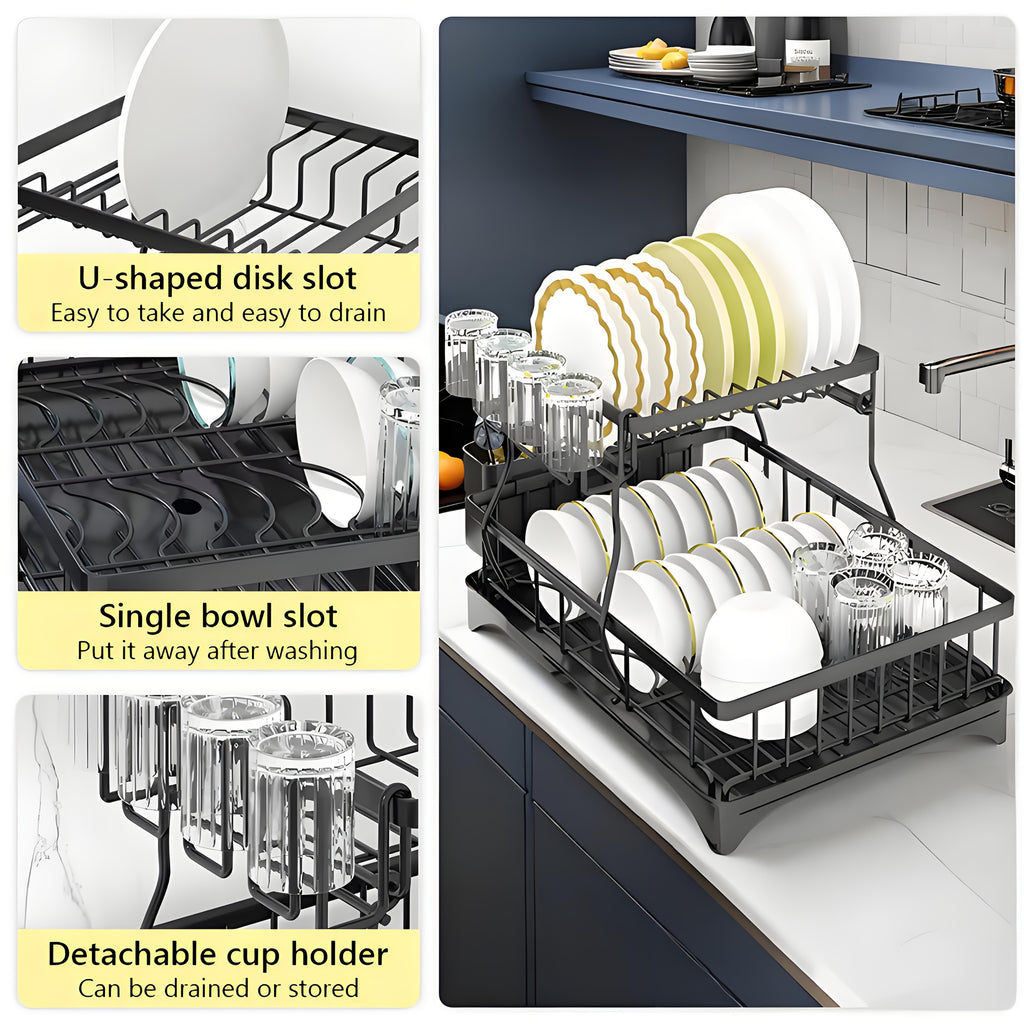 Heavy-Duty Stainless Steel Dish Drying Rack - Space-Saving Two-Tier Countertop Organizer with 360° Drainage System, Plate, Bowl, Cup & Utensil Holders - Compact Sink Rack for Modern Kitchen - Easy to Clean, Dish Drying Rack for Kitchen Counter, Clean Dish