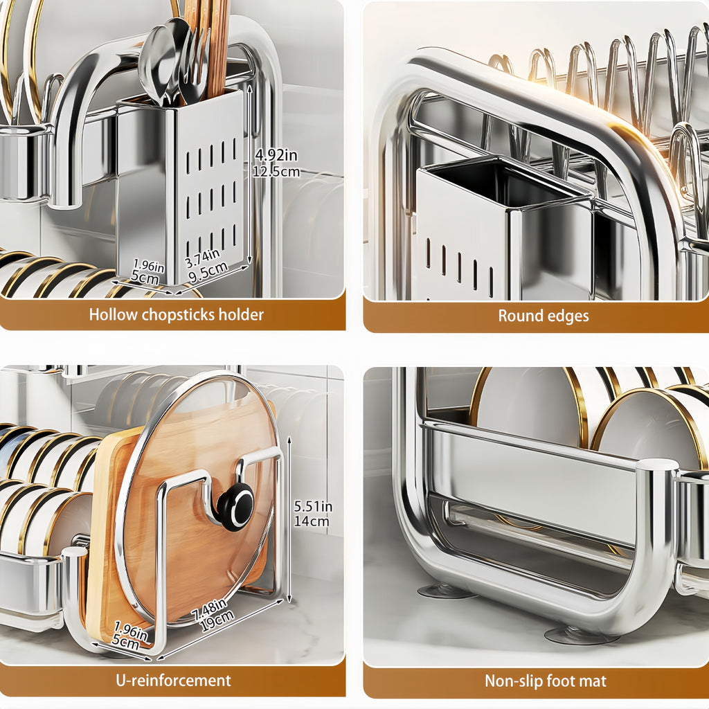 [Space-Saving Dish Rack] Stainless Steel Dish Drying Rack | Space-Saving Kitchen Counter Dish Rack With Cutlery Holder