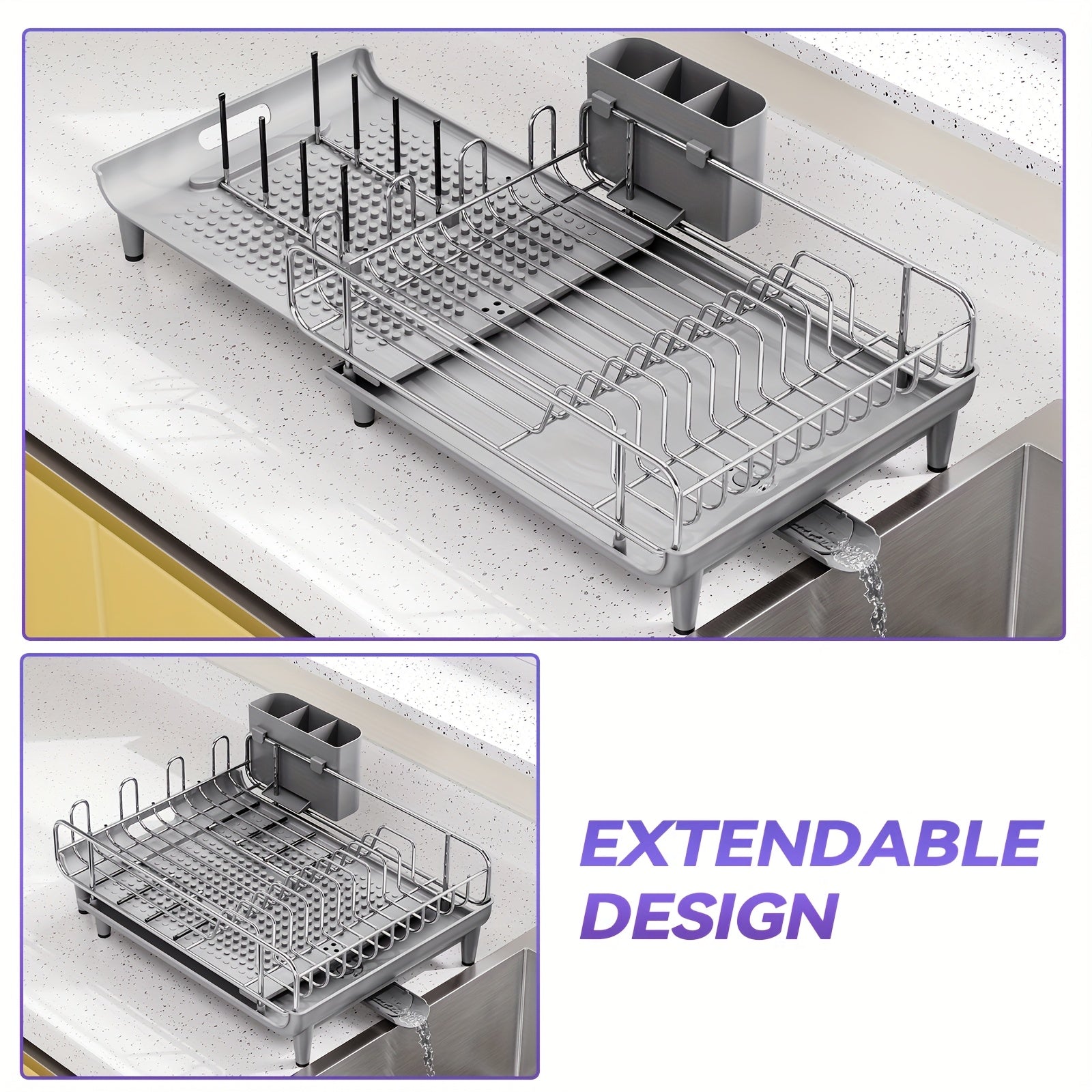 KINGRACK Expandable Dish Drying Rack, Foldable Stainless Steel Drainer With Cutlery Holder, Large Size For Kitchen Counter
