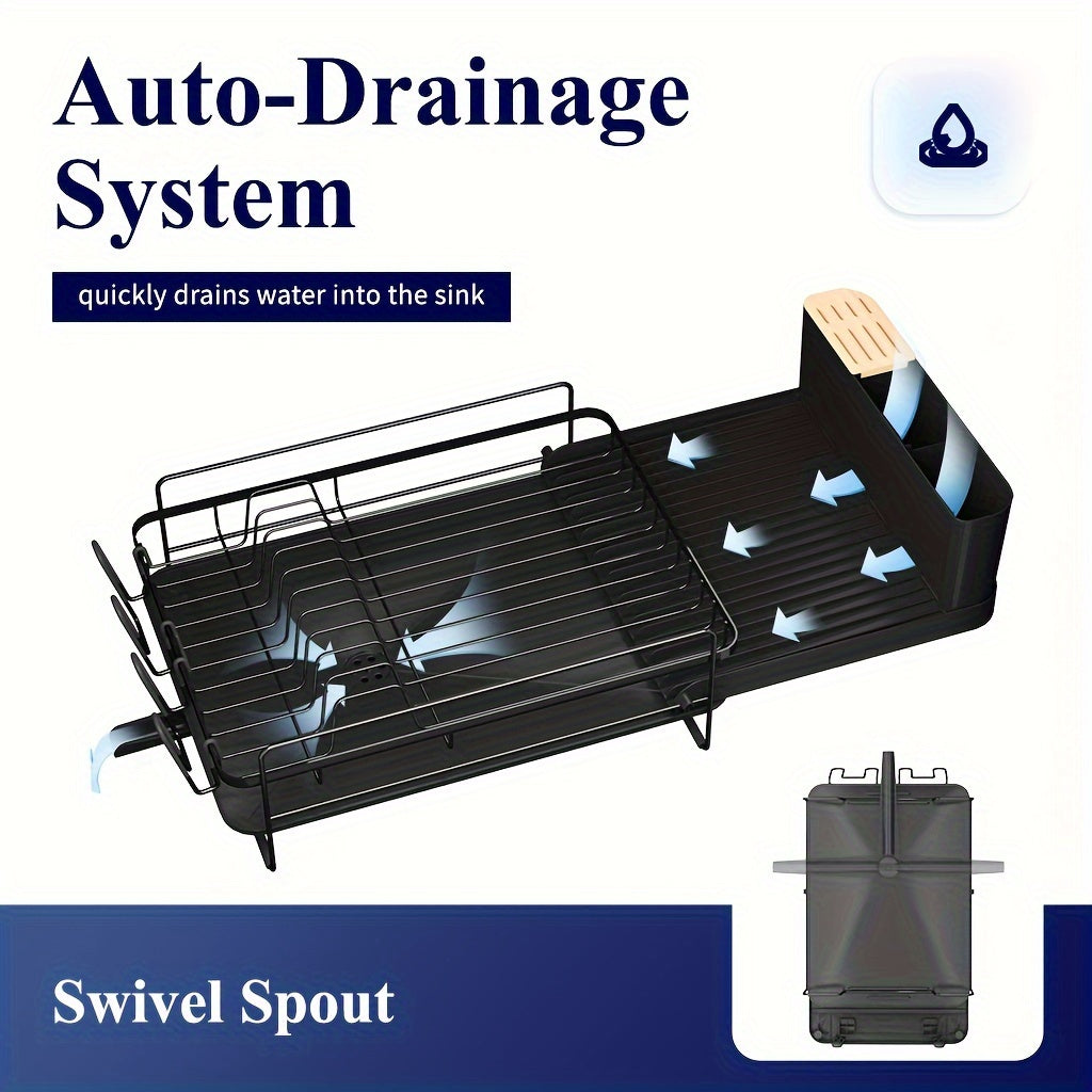Large Anti-Rust Extendable Dish Drying Rack With Cutlery Holders, Multifunctional Dish Rack And Drainboard Set, Versatile For All Kitchenware