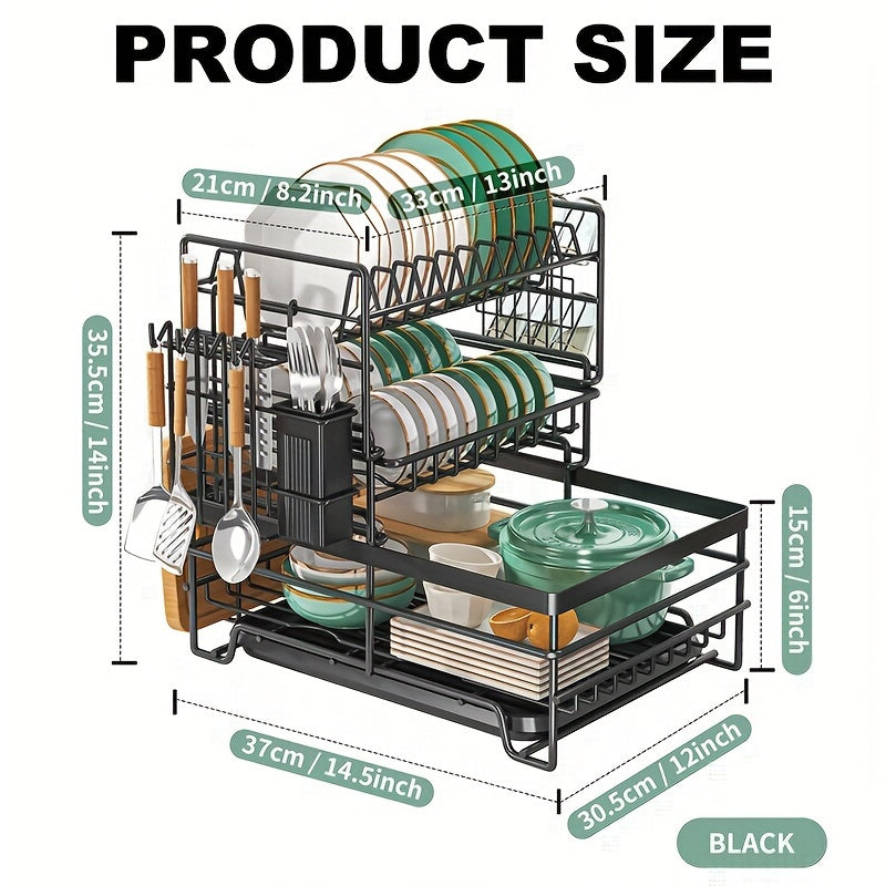 [Multifunctional Tableware Rack] 1pc Multifunctional Rust Proof Tableware Drying Rack | Kitchen Organizer & Storage with Leak Proof Nozzles, Cup Holder, Large Countertop Drain Rack - Black