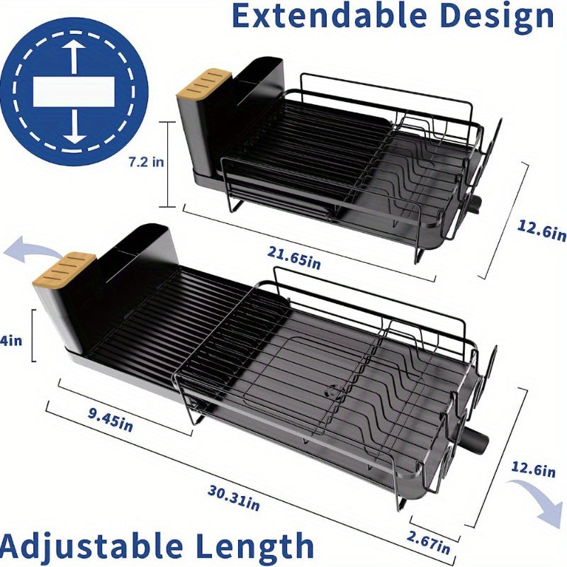 Large Dish Drying Rack With Drainboard Set, Dish Rack Extendable Dish Rack, Utensil Holder, Cup Holder, Expandable Dish Drainer For Kitchen Counter