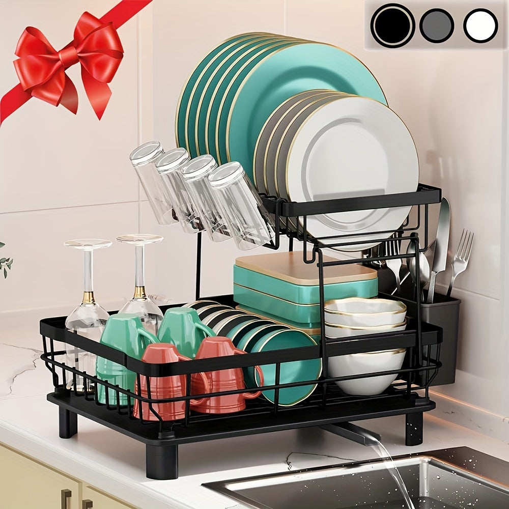 2-Tier Kitchen Dish Drying Rack With Removable Utensil Holder, Large Capacity Drying Rack With Drainboard For Kitchen Sink Counter
