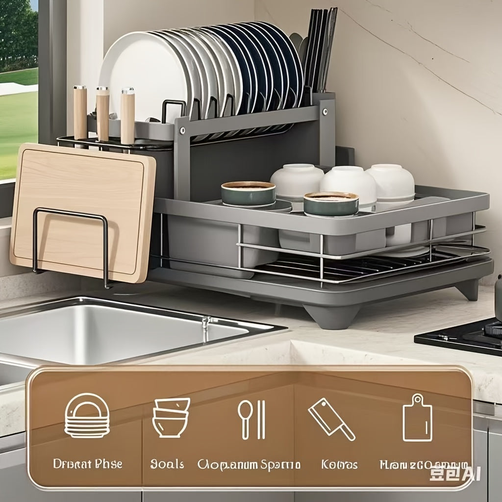 Dish Drying Rack, 2 Tier Dish Racks For Kitchen Counter, Large Stainless Steel Kitchen Dish Drying Rack With Drainboard, Detachable Dish Drainers With Utensil Holders