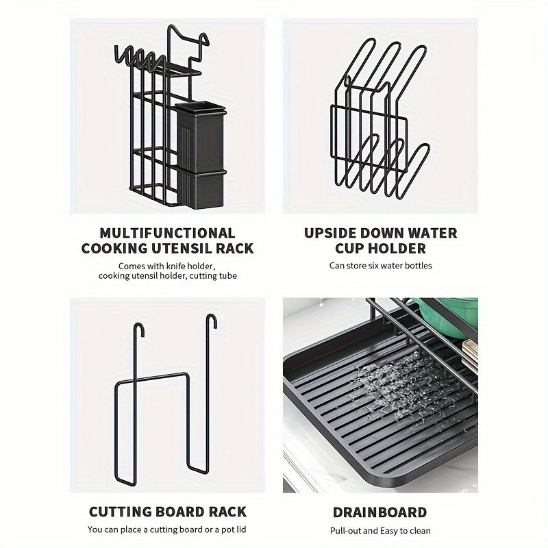 [Multifunctional Tableware Rack] 1pc Multifunctional Rust Proof Tableware Drying Rack | Kitchen Organizer & Storage with Leak Proof Nozzles, Cup Holder, Large Countertop Drain Rack - Black
