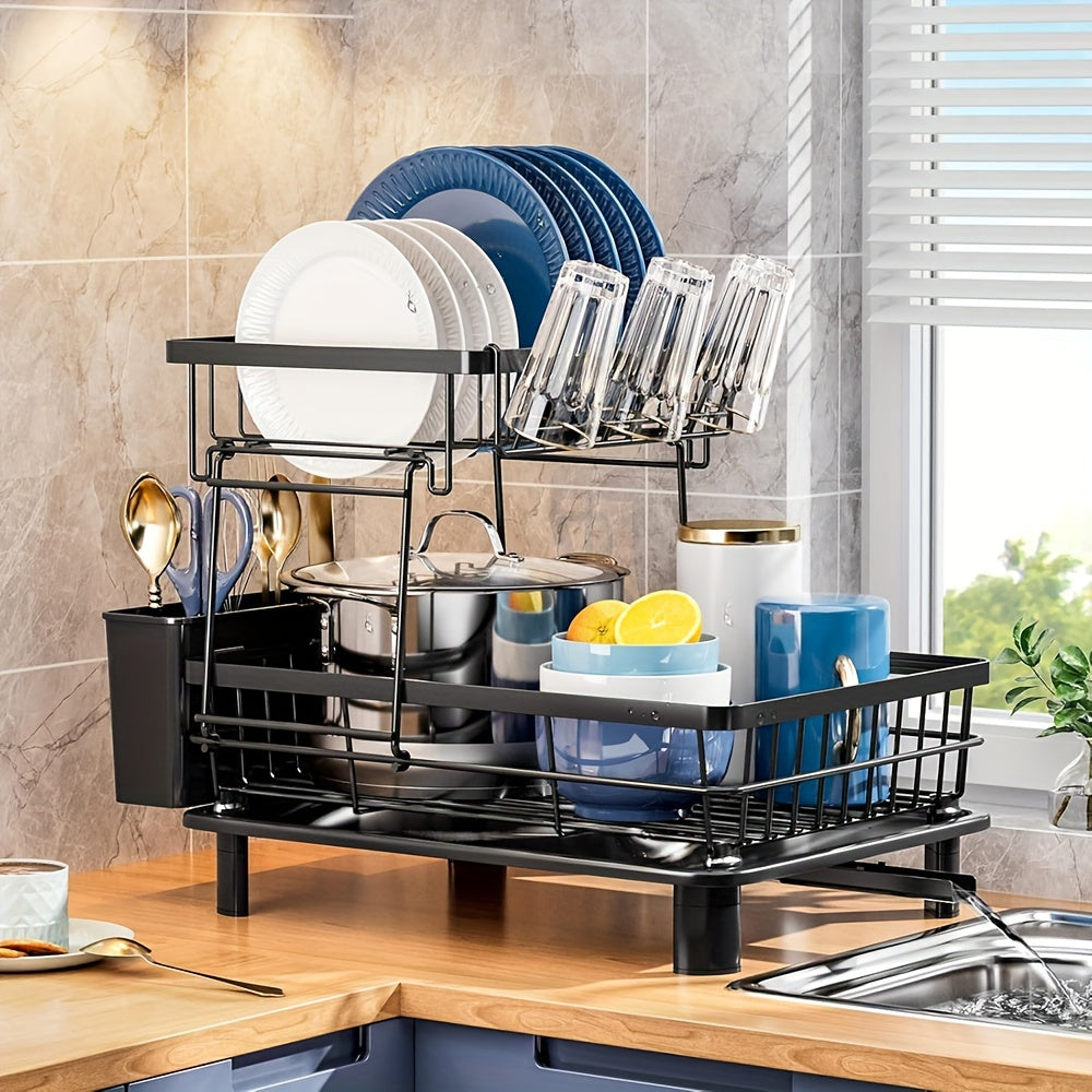 Dish Drying Rack, 2 Tier Dish Rack For Kitchen Counter With Utensil Holder, Cup Holder, Drying Mat, Drainboard, Dish Strainer, Dish Drainer For Sink, Utility Racks
