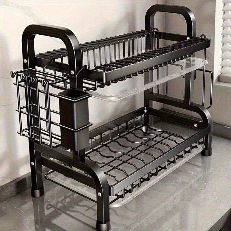 1pc 2-Tier Stainless Steel Kitchen Dish Rack with Utensil Organizer - Space-Saving Countertop Storage for Plates, Bowls & Cutlery (Includes Bonus Dishes), Corrosion-Resistant Design, 2 Tiers Suitable Modern Kitch