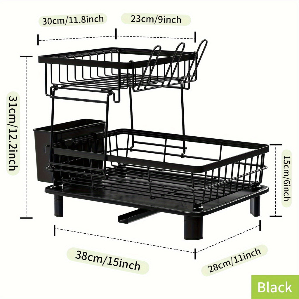 2-Tier Dish Drying Rack with Drain Tray and Swivel Drip Spout, Multifunctional Kitchen Countertop Storage Organizer - Metal and Plastic, Includes Cup Holder and Cutlery Holder, Space-Saving Plate Rack for Home and Apartment Use, 1pc