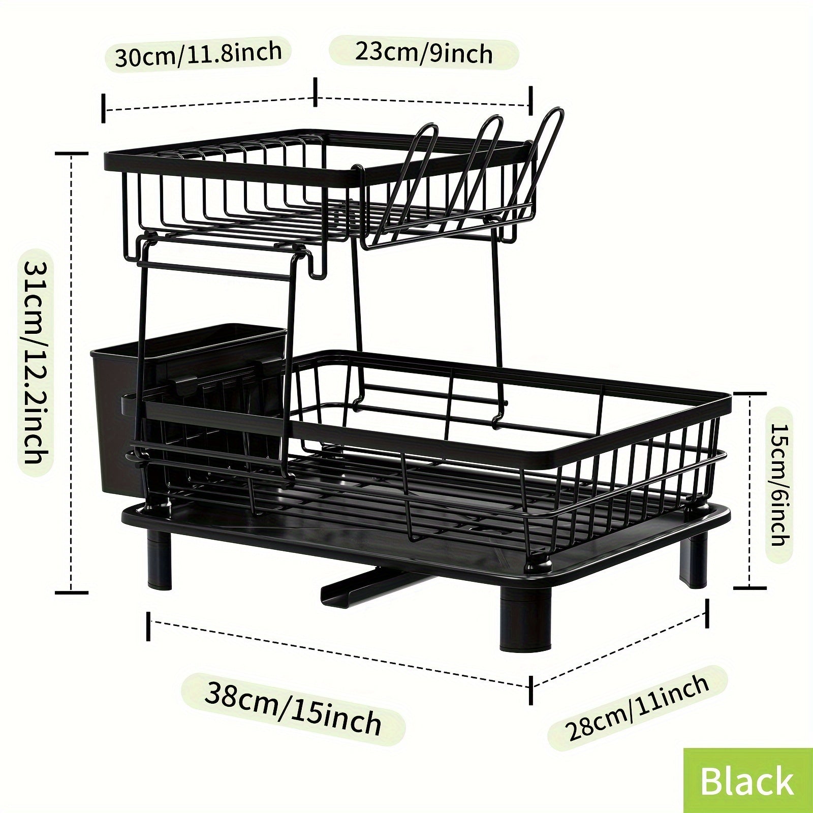 2-Tier Dish Drying Rack with Drain Tray and Swivel Drip Spout, Multifunctional Kitchen Countertop Storage Organizer - Metal and Plastic, Includes Cup Holder and Cutlery Holder, Space-Saving Plate Rack for Home and Apartment Use, 1pc
