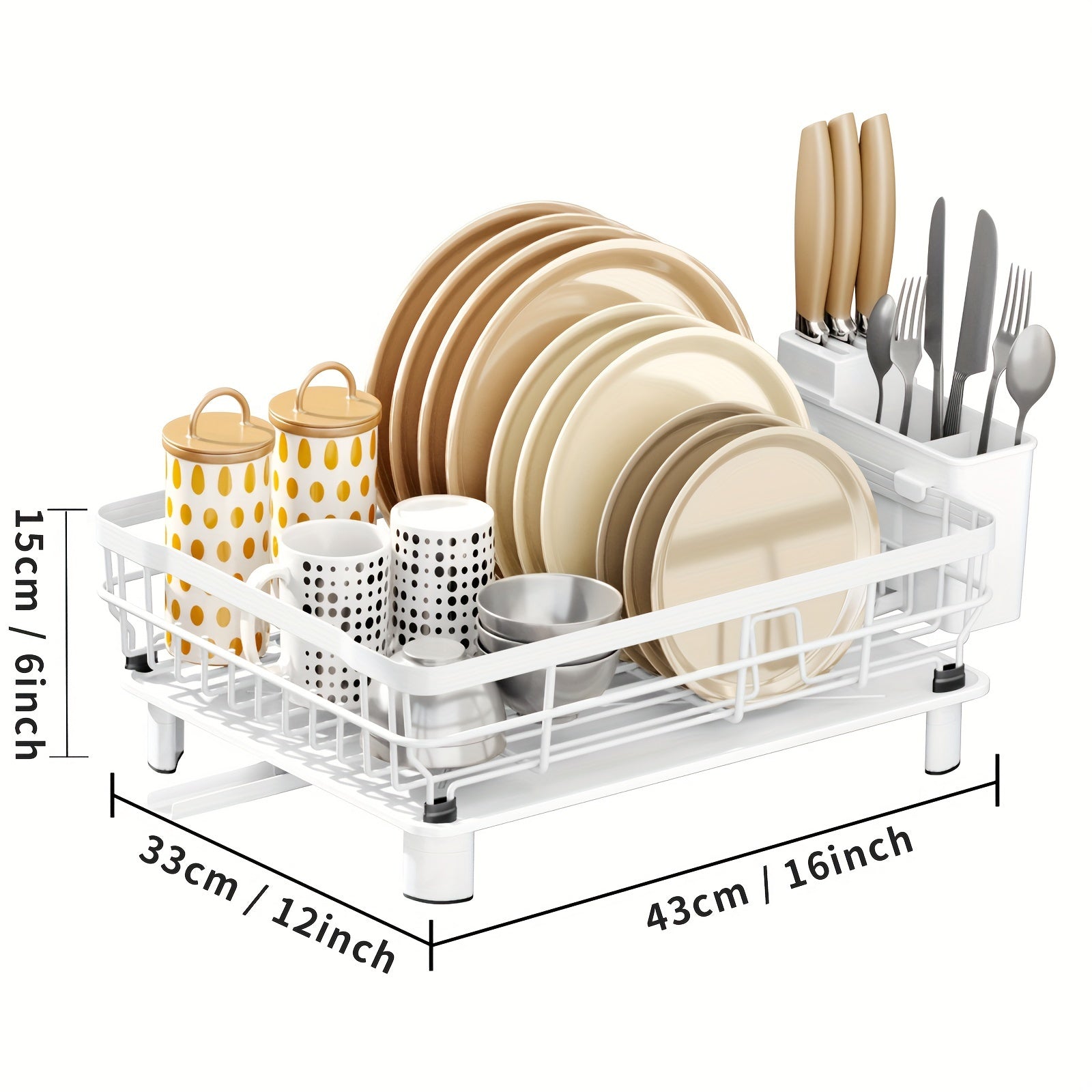 Dish Drying Rack, Single layer dish drain rack- Large Dish Rack with Drainboard, Rustproof Dish Drainer with Utensil Holder for Sink, convenient for storing plates, bowls, cups, knives and spoons