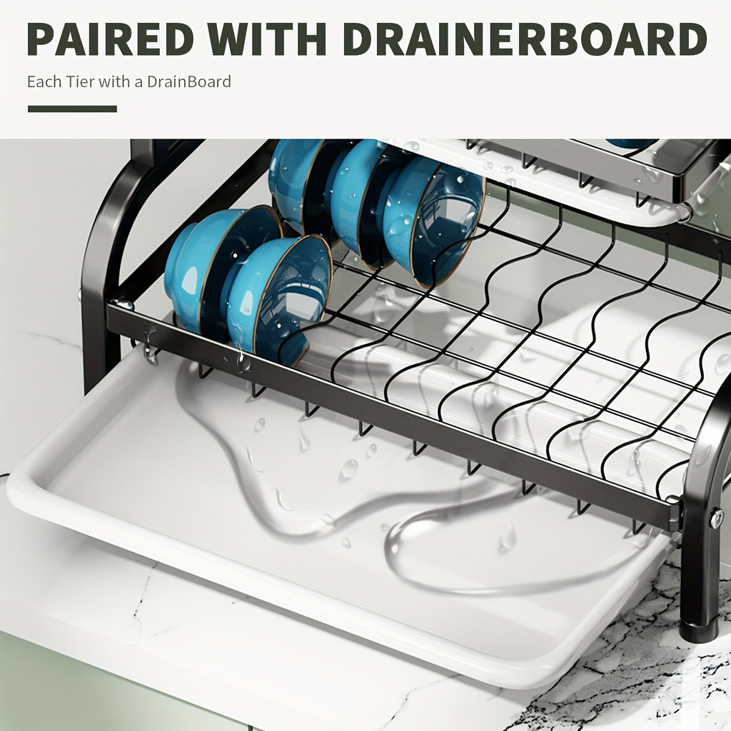 Dish Drying Rack, 2 Tier Large Dish Drying Rack For Kitchen Counter With Drainboard Dish Drainer For Dish/Knifes/Cup/Cutting Board, Black