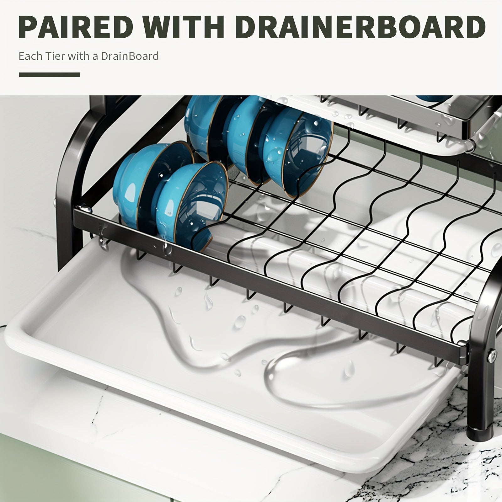 Dish Drying Rack, 2 Tier Large Dish Drying Rack For Kitchen Counter With Drainboard Dish Drainer For Dish/Knifes/Cup/Cutting Board, Black