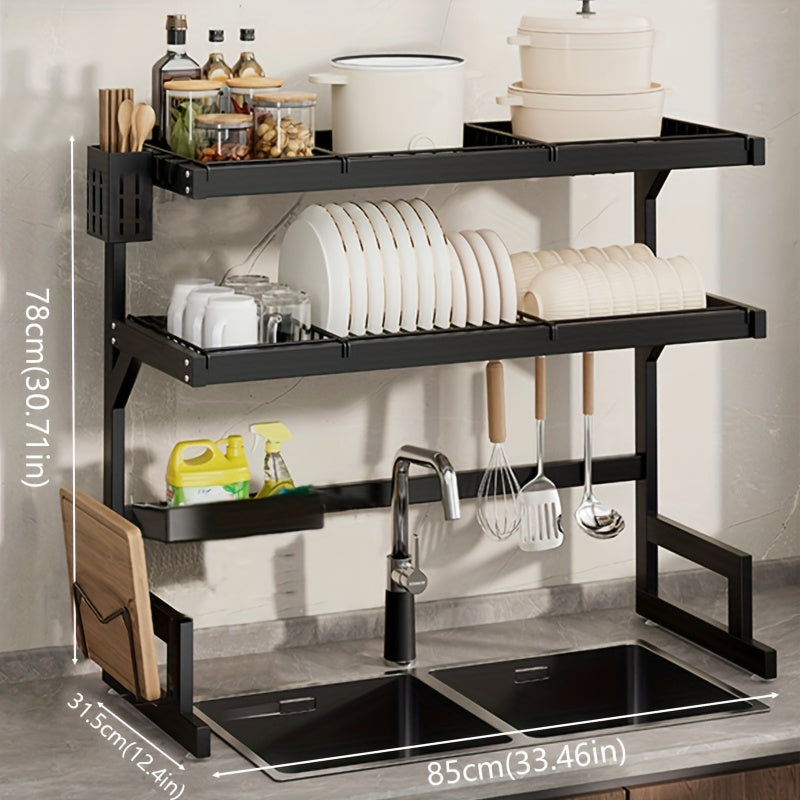 1-Layer/2-Layer Adjustable Countertop Dish Drying Rack - Removable Multi-Functional Kitchen Organizer with Chopstick Holder, Sponge & Cutting Board Storage, Space-Saving Plastic/Metal Design for Sink Area, Dish Drying Rack for Kitchen Counter, Utensil