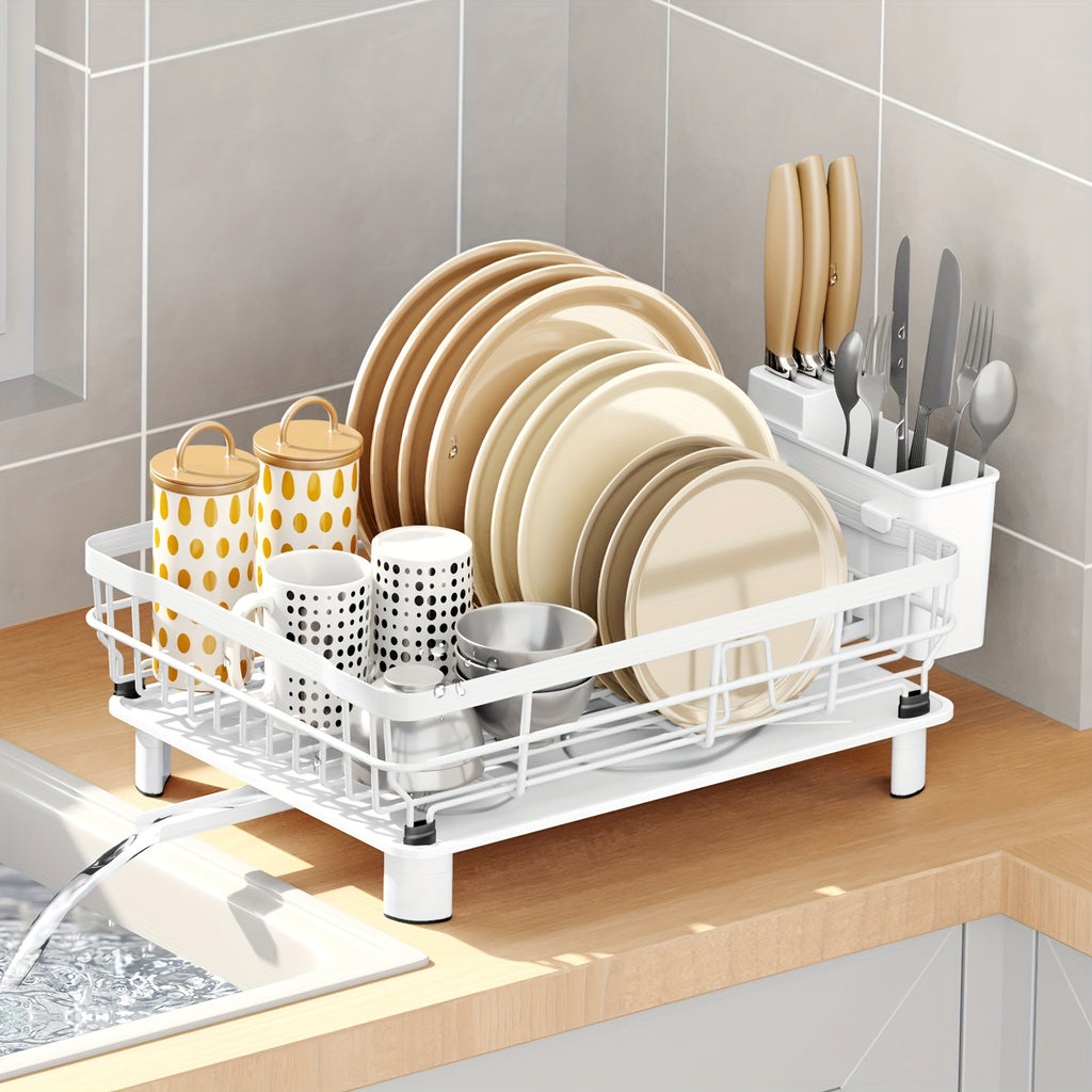 Dish Drying Rack, Single layer dish drain rack- Large Dish Rack with Drainboard, Rustproof Dish Drainer with Utensil Holder for Sink, convenient for storing plates, bowls, cups, knives and spoons