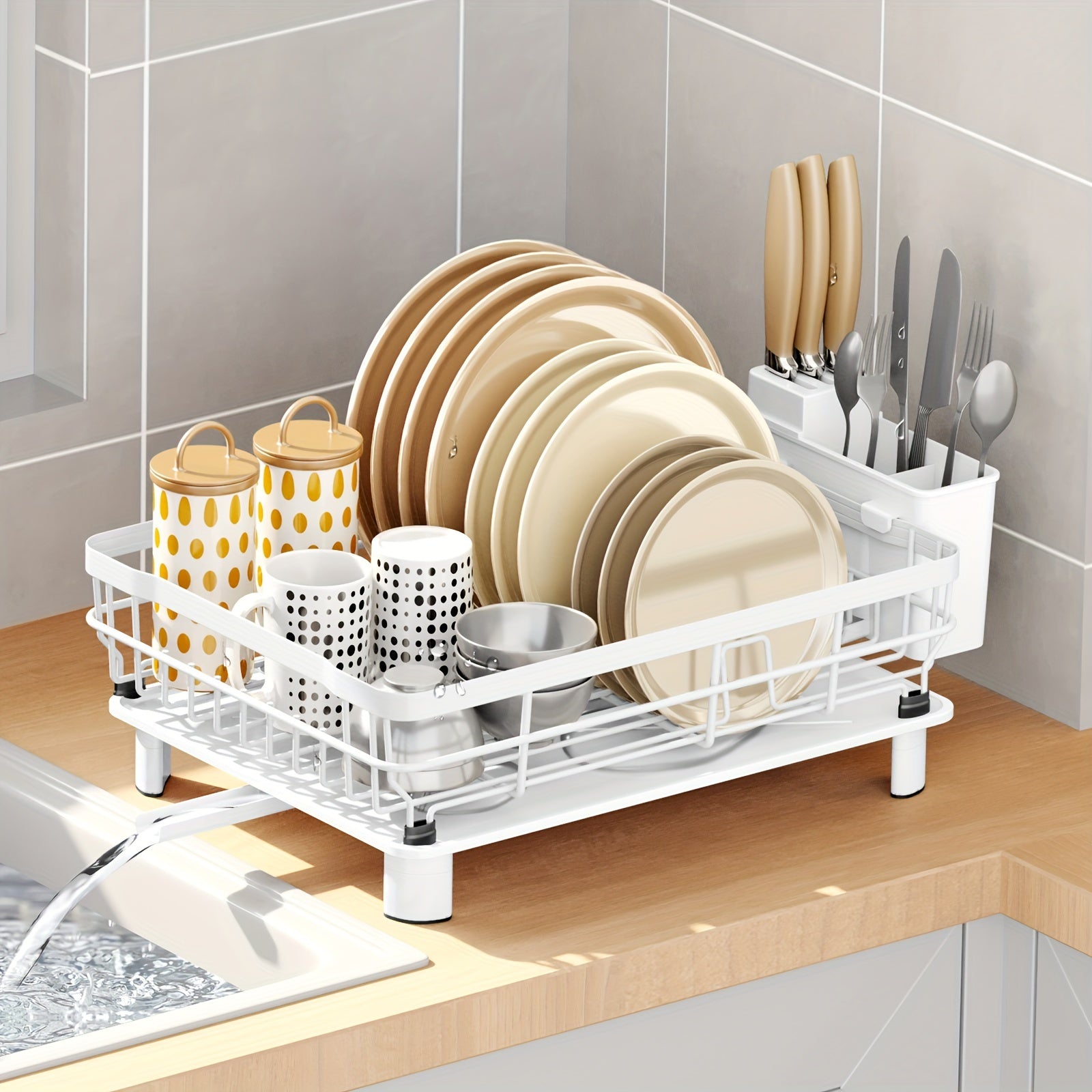 Dish Drying Rack, Single layer dish drain rack- Large Dish Rack with Drainboard, Rustproof Dish Drainer with Utensil Holder for Sink, convenient for storing plates, bowls, cups, knives and spoons