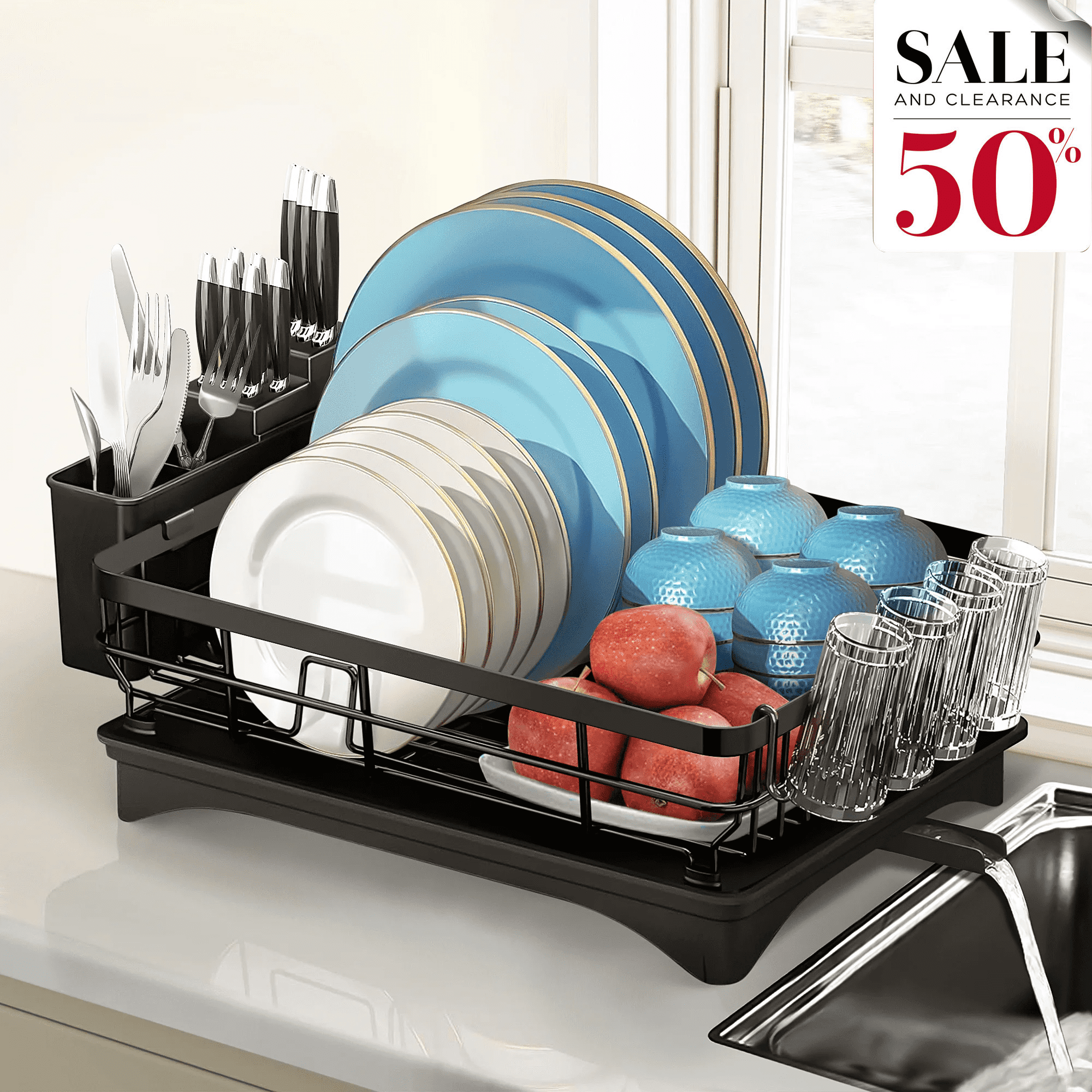 Dish Drying Rack, Stainless Steel Dish Rack for Sink, Large Dish Rack with Drainboard, Rustproof Dish Drainer with Utensil Holder for Kitchen, Black