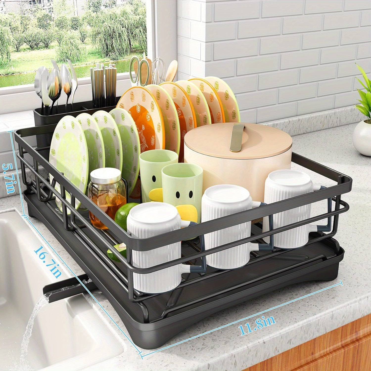 Dish Drying Rack, Stainless Steel Dish Rack for Sink, Large Dish Rack with Drainboard, Rustproof Dish Drainer with Utensil Holder for Kitchen, Black
