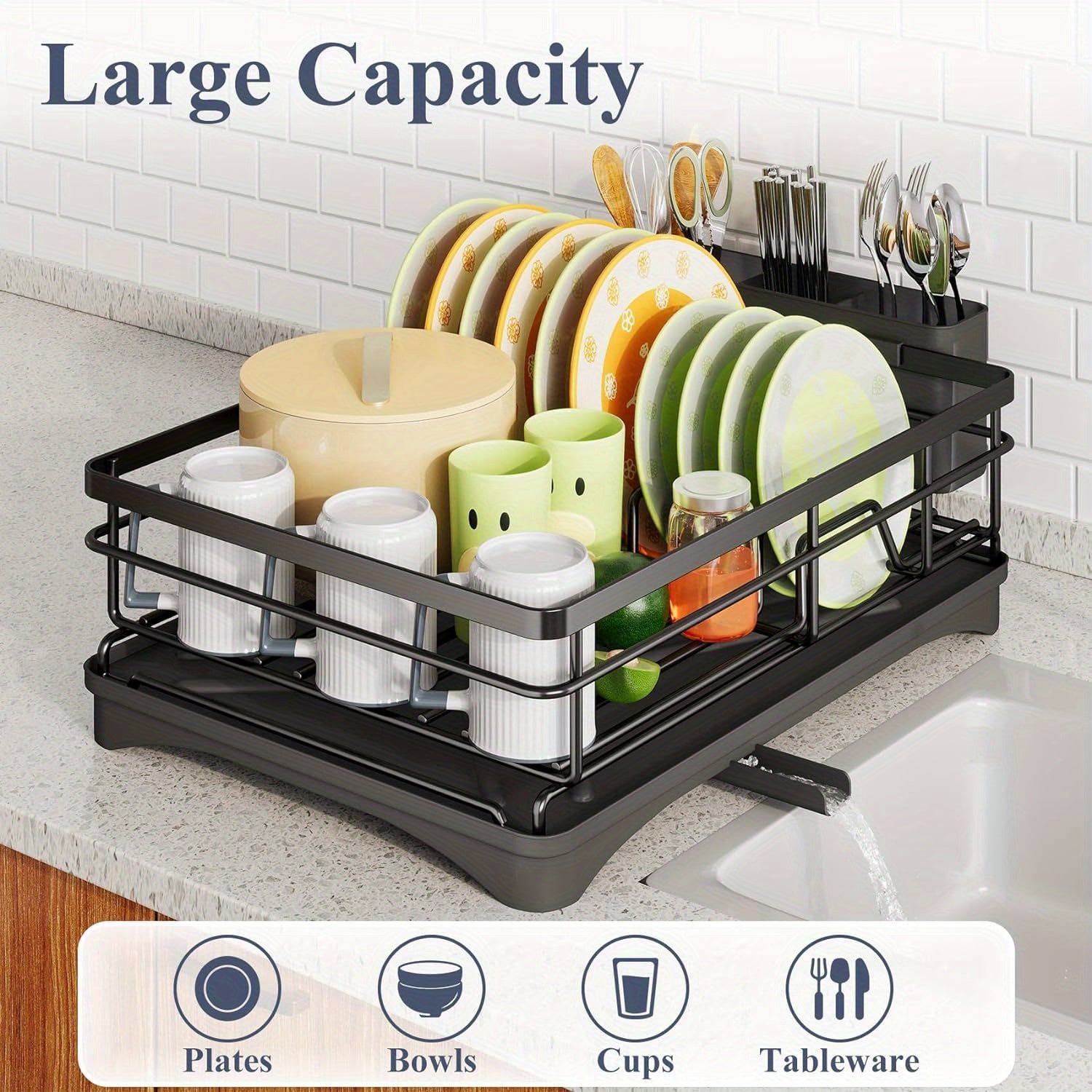 Dish Drying Rack, Stainless Steel Dish Rack for Sink, Large Dish Rack with Drainboard, Rustproof Dish Drainer with Utensil Holder for Kitchen, Black