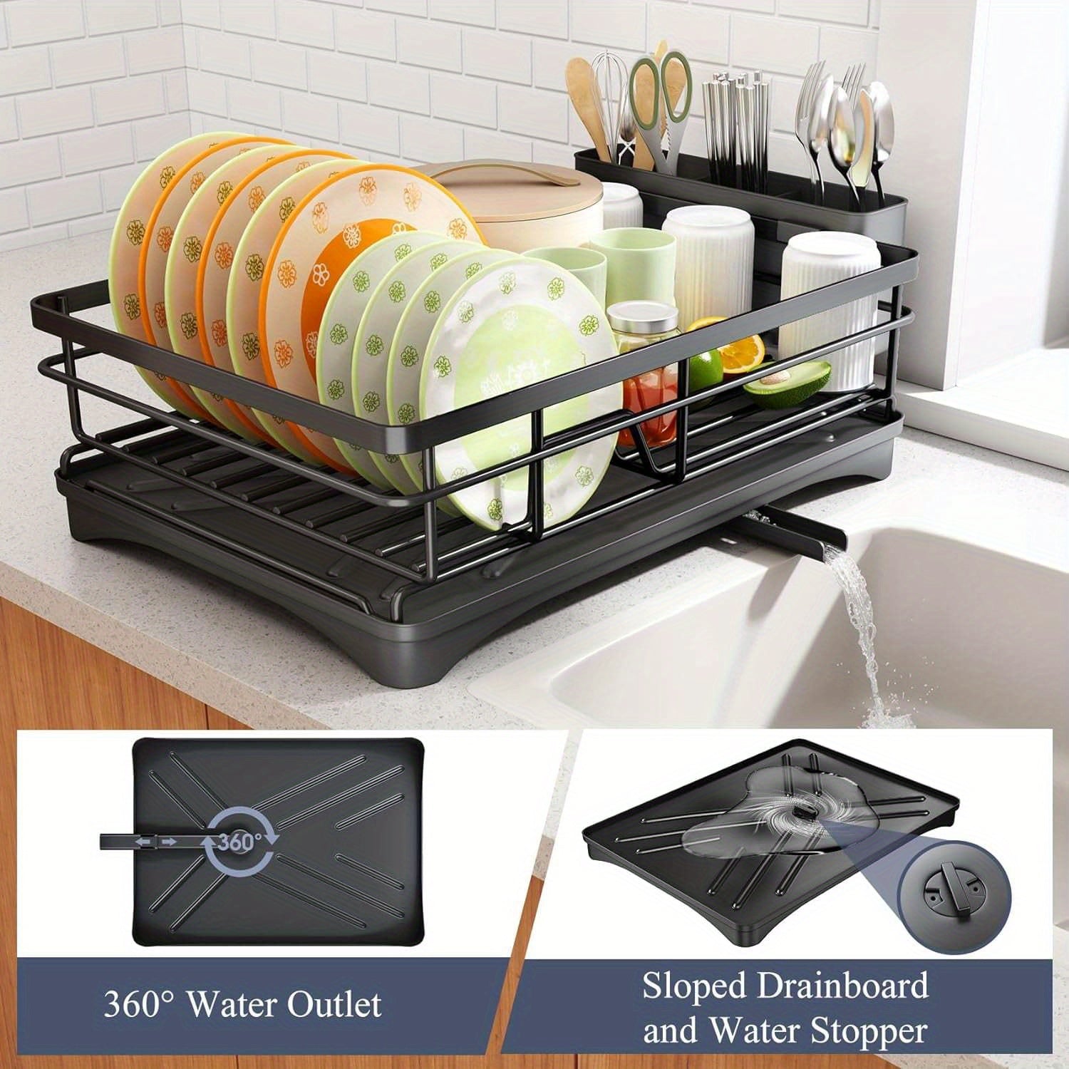 Dish Drying Rack, Stainless Steel Dish Rack for Sink, Large Dish Rack with Drainboard, Rustproof Dish Drainer with Utensil Holder for Kitchen, Black