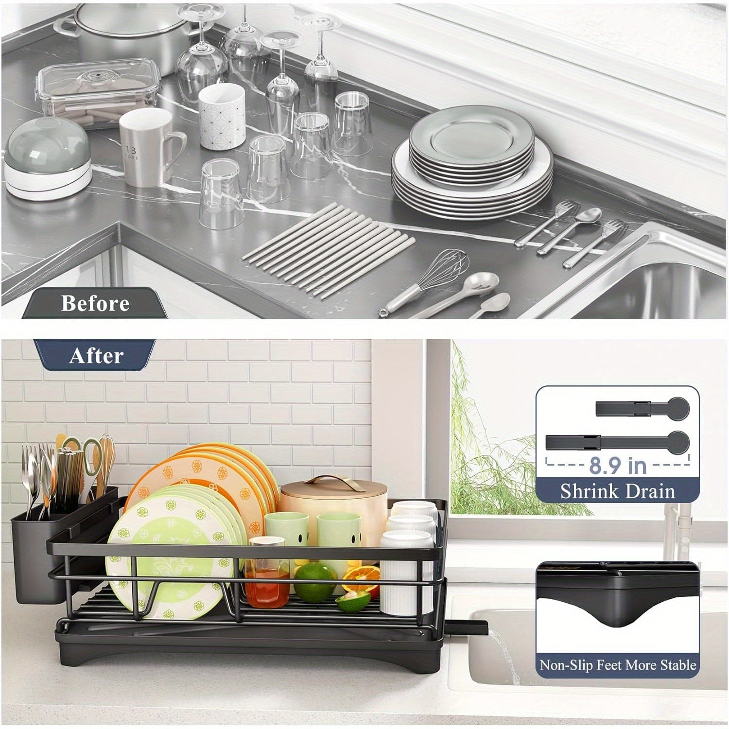 Dish Drying Rack, Stainless Steel Dish Rack for Sink, Large Dish Rack with Drainboard, Rustproof Dish Drainer with Utensil Holder for Kitchen, Black