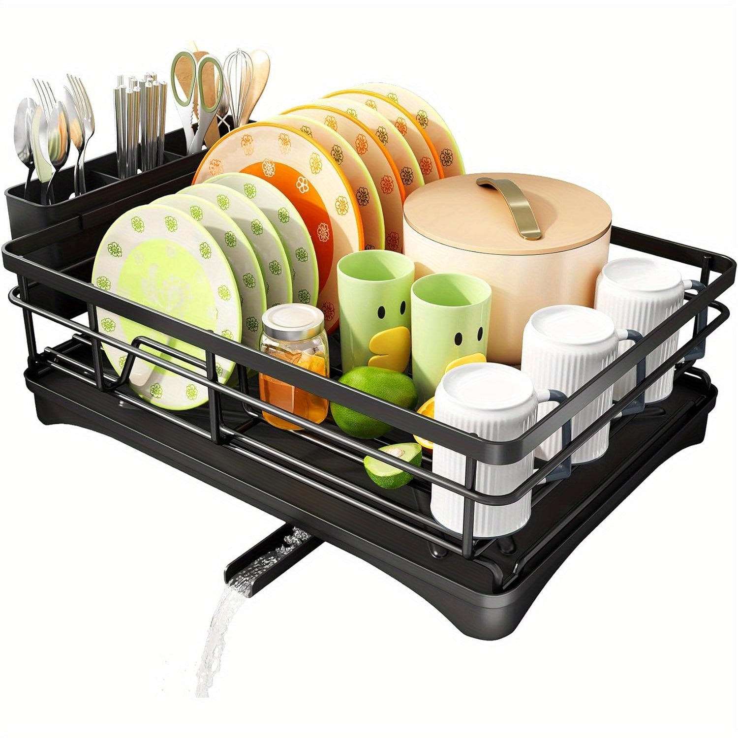 Dish Drying Rack, Stainless Steel Dish Rack for Sink, Large Dish Rack with Drainboard, Rustproof Dish Drainer with Utensil Holder for Kitchen, Black