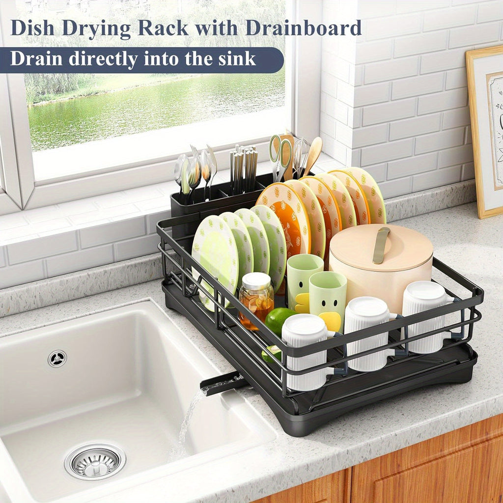 Dish Drying Rack, Stainless Steel Dish Rack for Sink, Large Dish Rack with Drainboard, Rustproof Dish Drainer with Utensil Holder for Kitchen, Black