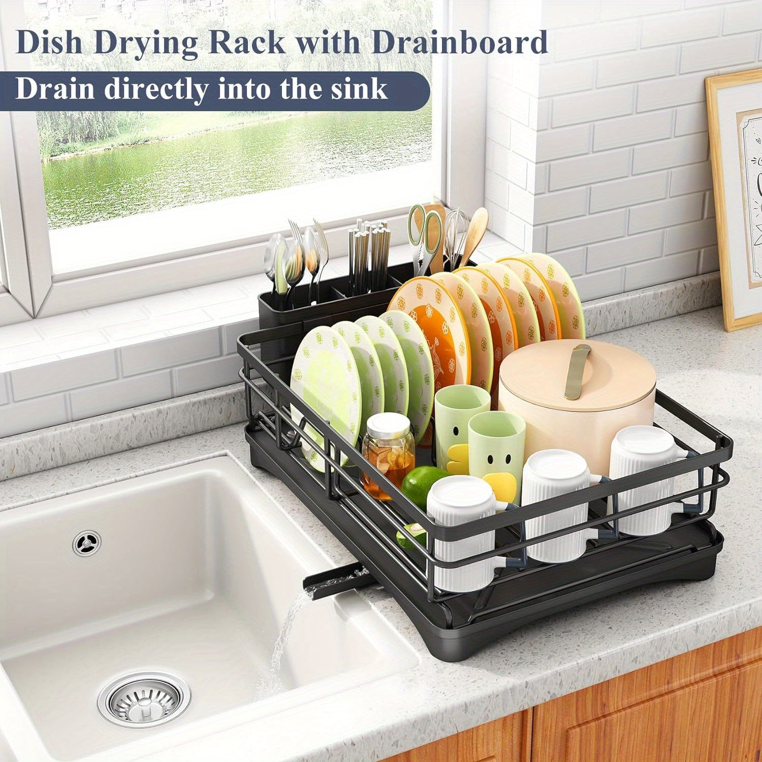 Dish Drying Rack, Stainless Steel Dish Rack for Sink, Large Dish Rack with Drainboard, Rustproof Dish Drainer with Utensil Holder for Kitchen, Black