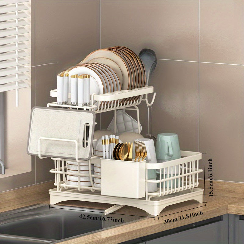 [Heavy-Duty Dish Rack] Space-Saving Heavy-Duty Dish Rack - 2-Tier Dish Drying Rack with Drainboard & Utensil Holder, No Assembly Needed, Compact Kitchen Organizer for Countertop, Plates, Pots, Bowls - Rustresistant Material, Classic Design, Ideal for Home