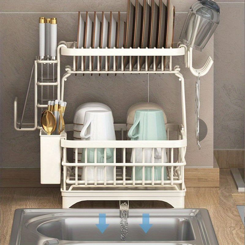 [Heavy-Duty Dish Rack] Space-Saving Heavy-Duty Dish Rack - 2-Tier Dish Drying Rack with Drainboard & Utensil Holder, No Assembly Needed, Compact Kitchen Organizer for Countertop, Plates, Pots, Bowls - Rustresistant Material, Classic Design, Ideal for Home