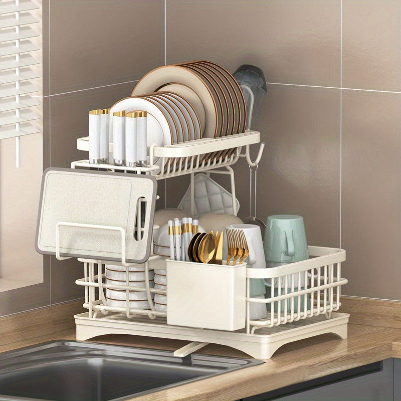 [Heavy-Duty Dish Rack] Space-Saving Heavy-Duty Dish Rack - 2-Tier Dish Drying Rack with Drainboard & Utensil Holder, No Assembly Needed, Compact Kitchen Organizer for Countertop, Plates, Pots, Bowls - Rustresistant Material, Classic Design, Ideal for Home