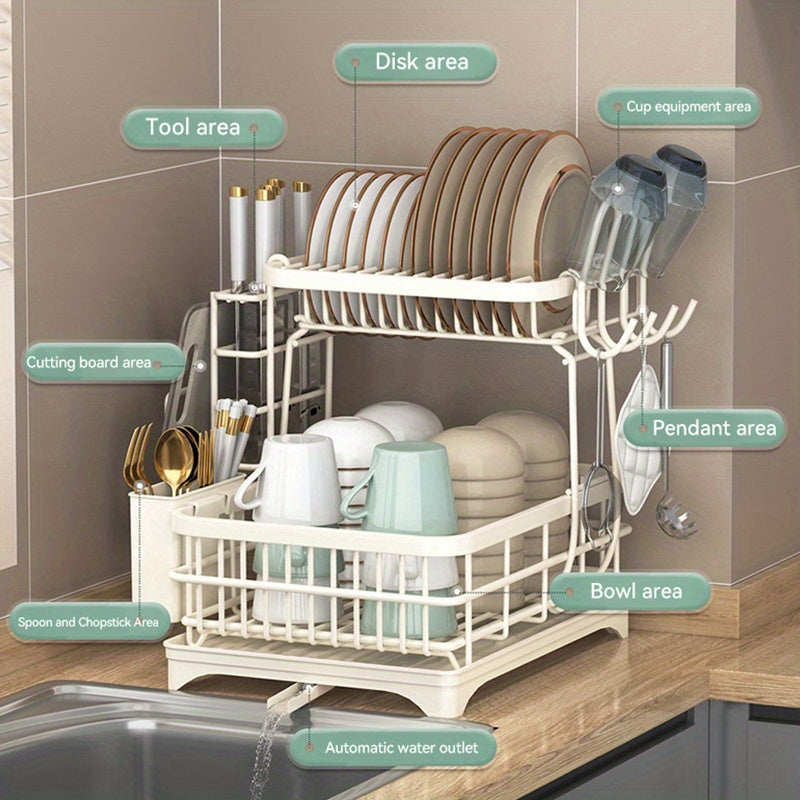 [Heavy-Duty Dish Rack] Space-Saving Heavy-Duty Dish Rack - 2-Tier Dish Drying Rack with Drainboard & Utensil Holder, No Assembly Needed, Compact Kitchen Organizer for Countertop, Plates, Pots, Bowls - Rustresistant Material, Classic Design, Ideal for Home