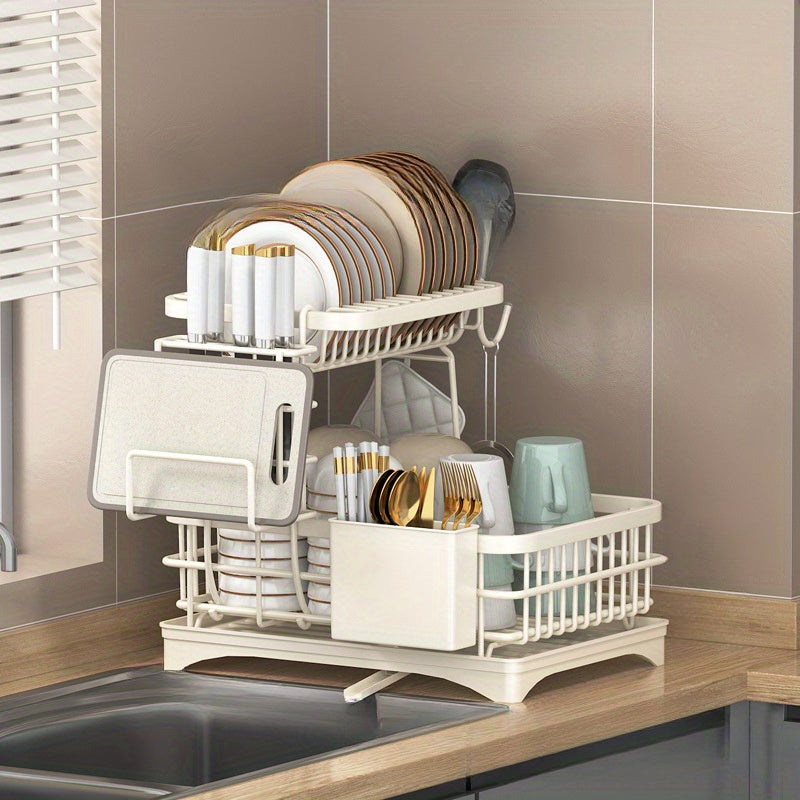 [Heavy-Duty Dish Rack] Space-Saving Heavy-Duty Dish Rack - 2-Tier Dish Drying Rack with Drainboard & Utensil Holder, No Assembly Needed, Compact Kitchen Organizer for Countertop, Plates, Pots, Bowls - Rustresistant Material, Classic Design, Ideal for Home