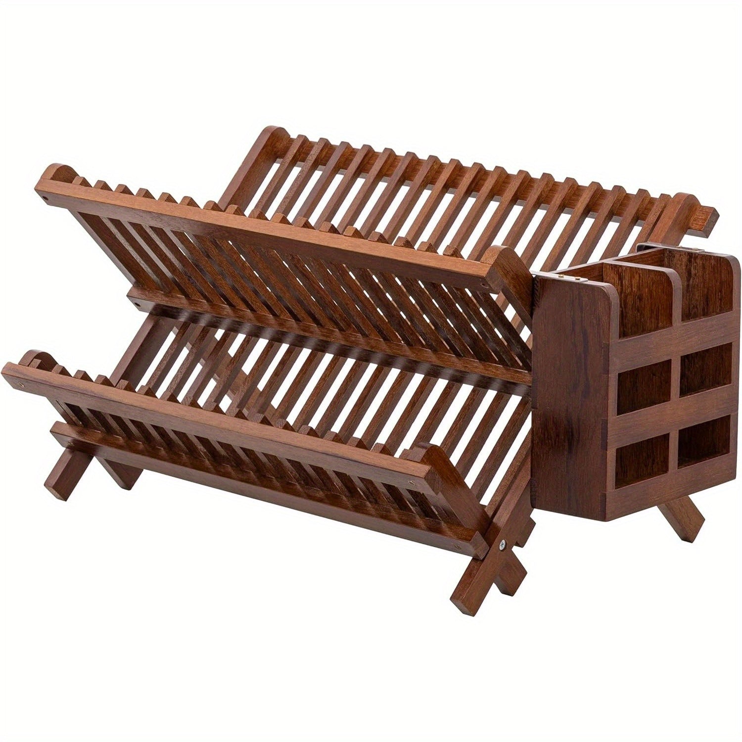 Dish Rack, Teak Folding 2-Tier Collapsible Drainer Dish Drying Rack with Utensils Flatware Holder Set