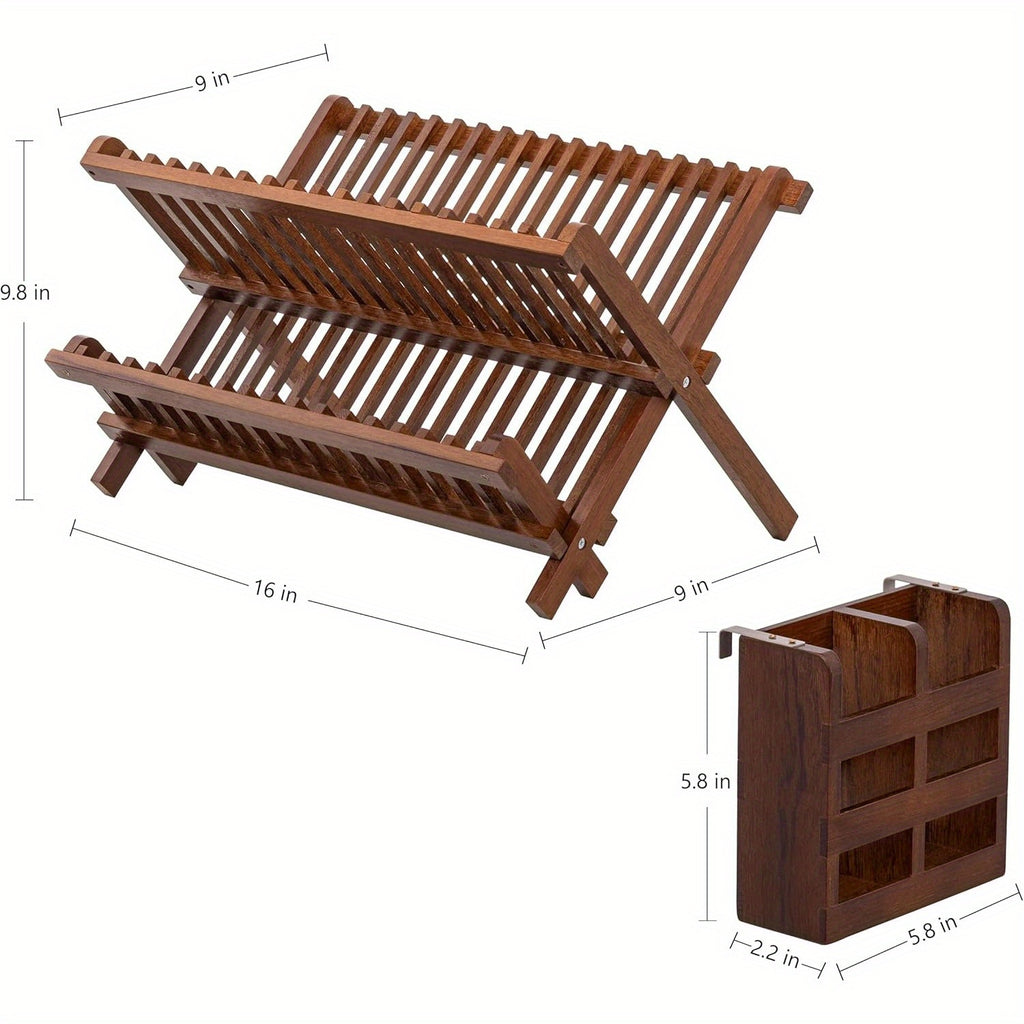 Dish Rack, Teak Folding 2-Tier Collapsible Drainer Dish Drying Rack with Utensils Flatware Holder Set