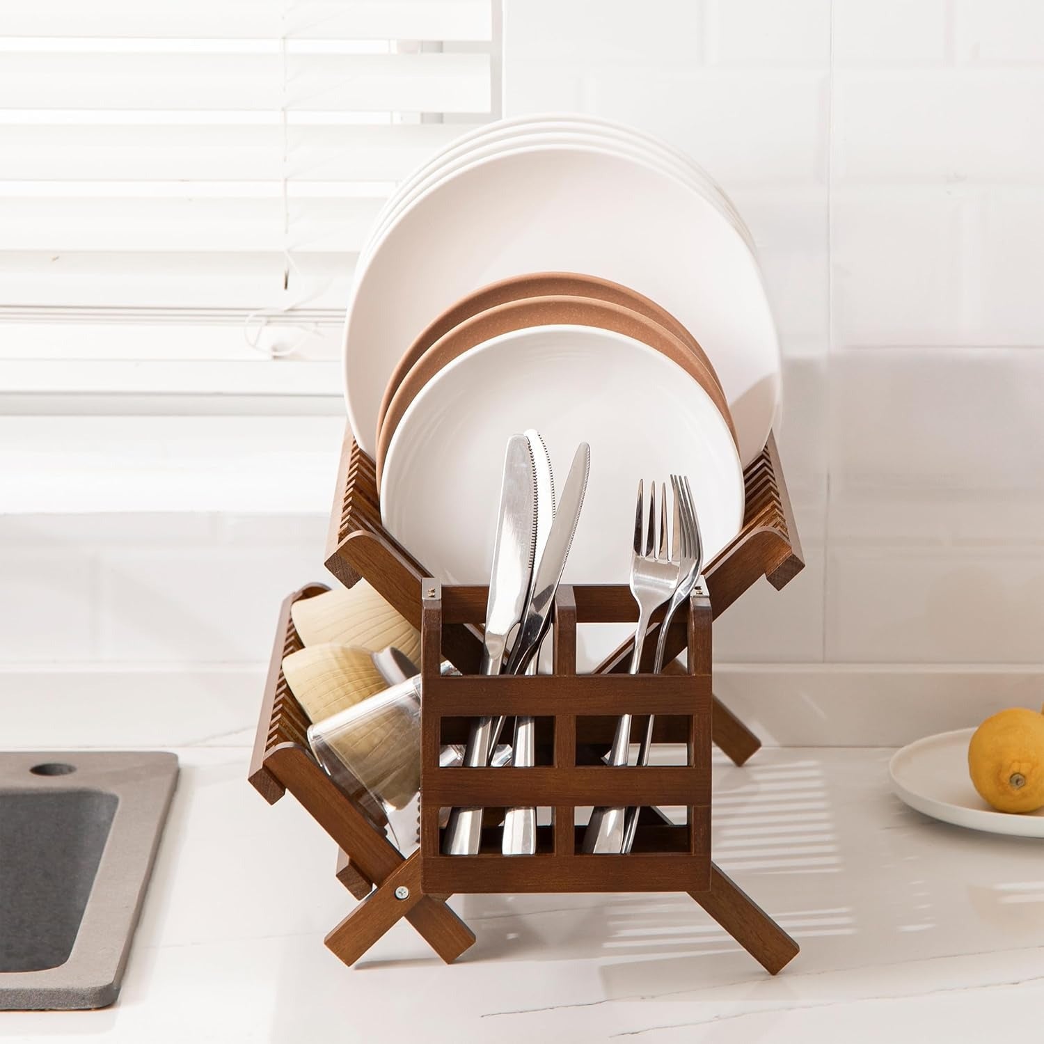Dish Rack, Teak Folding 2-Tier Collapsible Drainer Dish Drying Rack with Utensils Flatware Holder Set