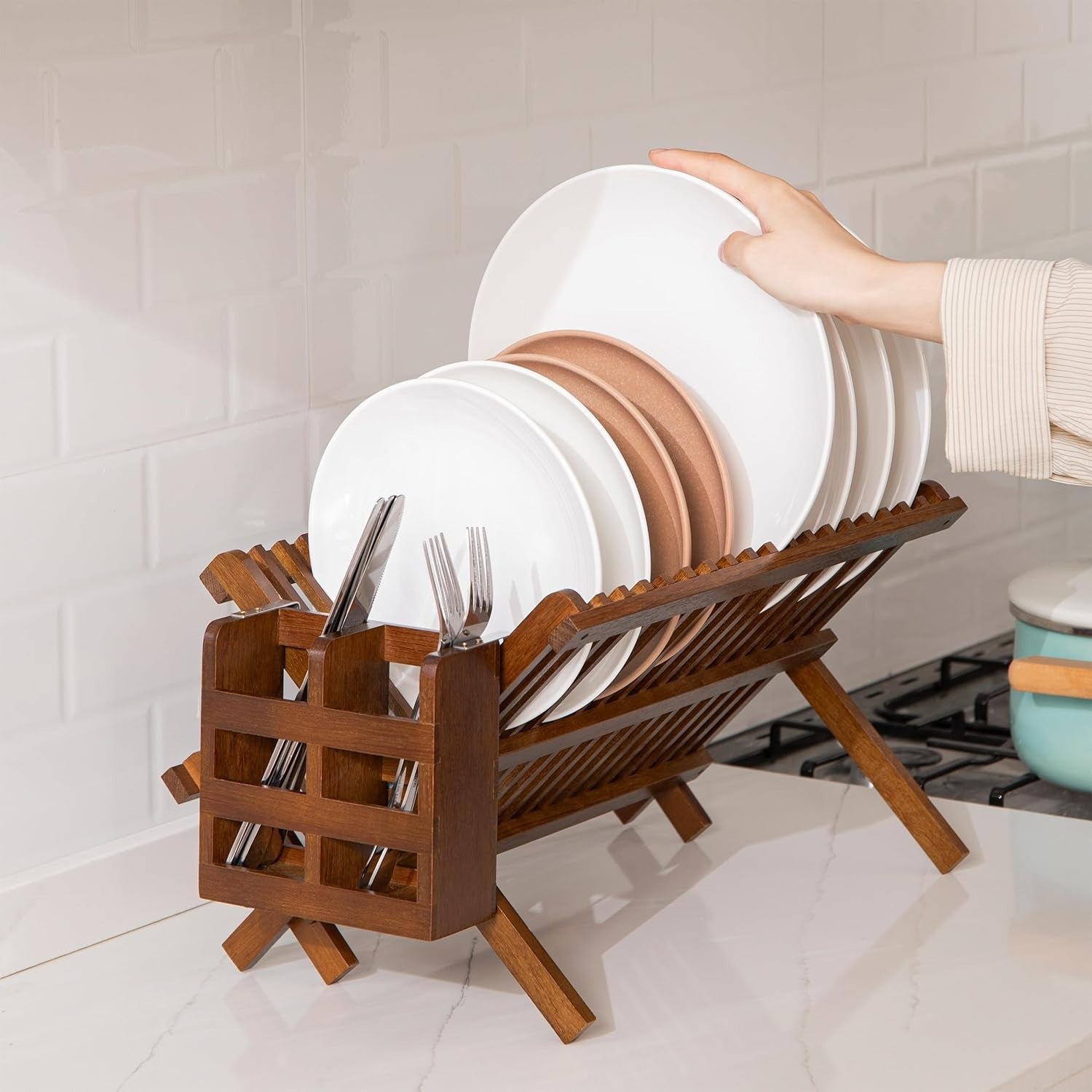 Dish Rack, Teak Folding 2-Tier Collapsible Drainer Dish Drying Rack with Utensils Flatware Holder Set