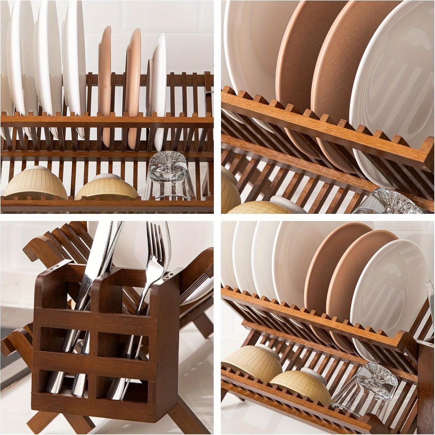 Dish Rack, Teak Folding 2-Tier Collapsible Drainer Dish Drying Rack with Utensils Flatware Holder Set