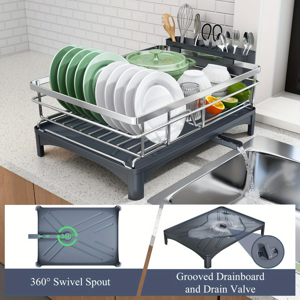 Dish Drying Rack for Kitchen Counter - Large Dish Rack with Drainboard, 304 Stainless Steel Dish Drainer with Utensil Holder for Sink, Used for Storing Plates, Forks, Water Cups, Spoons, Egg Beaters, Used for Kitchen, RV, Yacht, Outdoor Camping