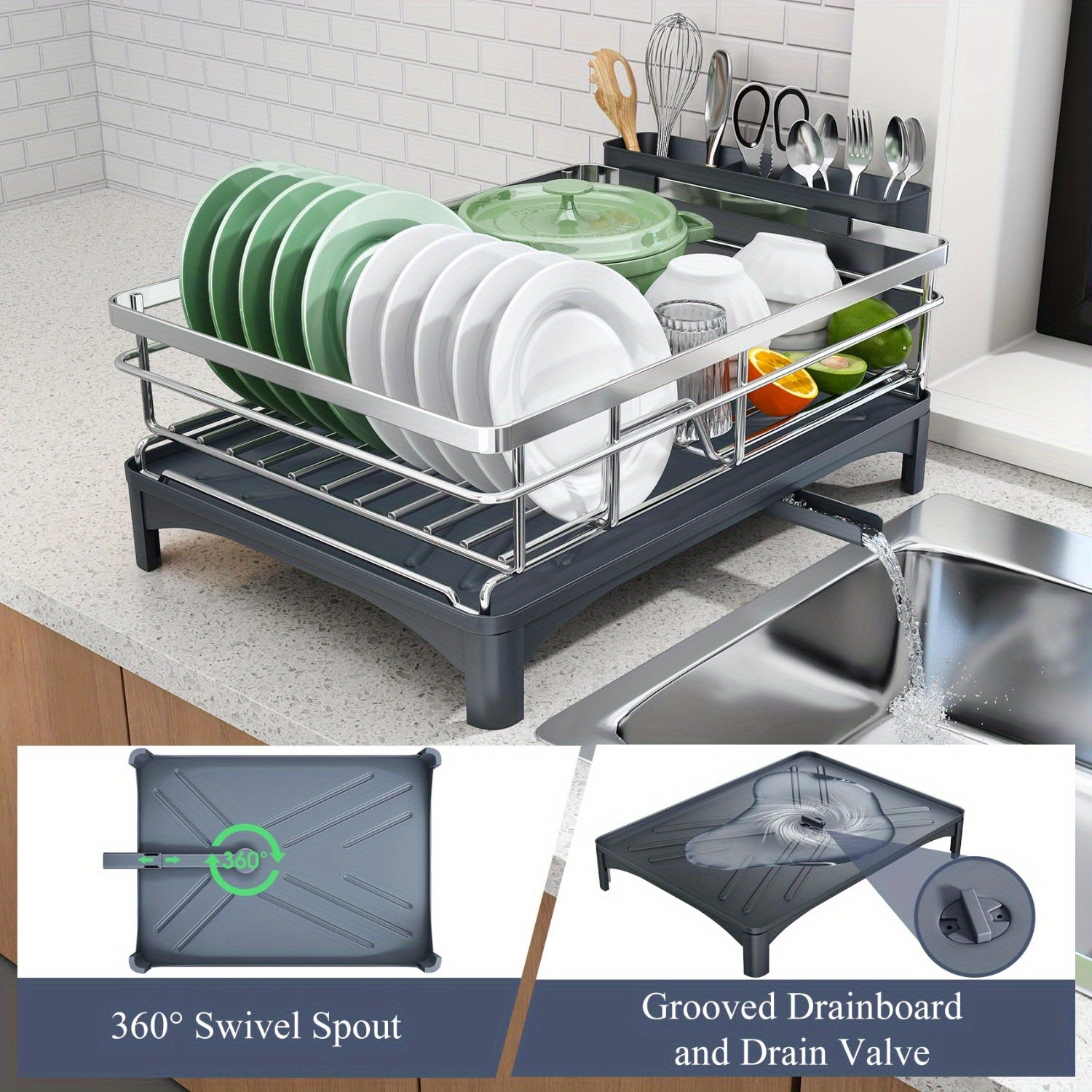 Dish Drying Rack for Kitchen Counter - Large Dish Rack with Drainboard, 304 Stainless Steel Dish Drainer with Utensil Holder for Sink, Used for Storing Plates, Forks, Water Cups, Spoons, Egg Beaters, Used for Kitchen, RV, Yacht, Outdoor Camping