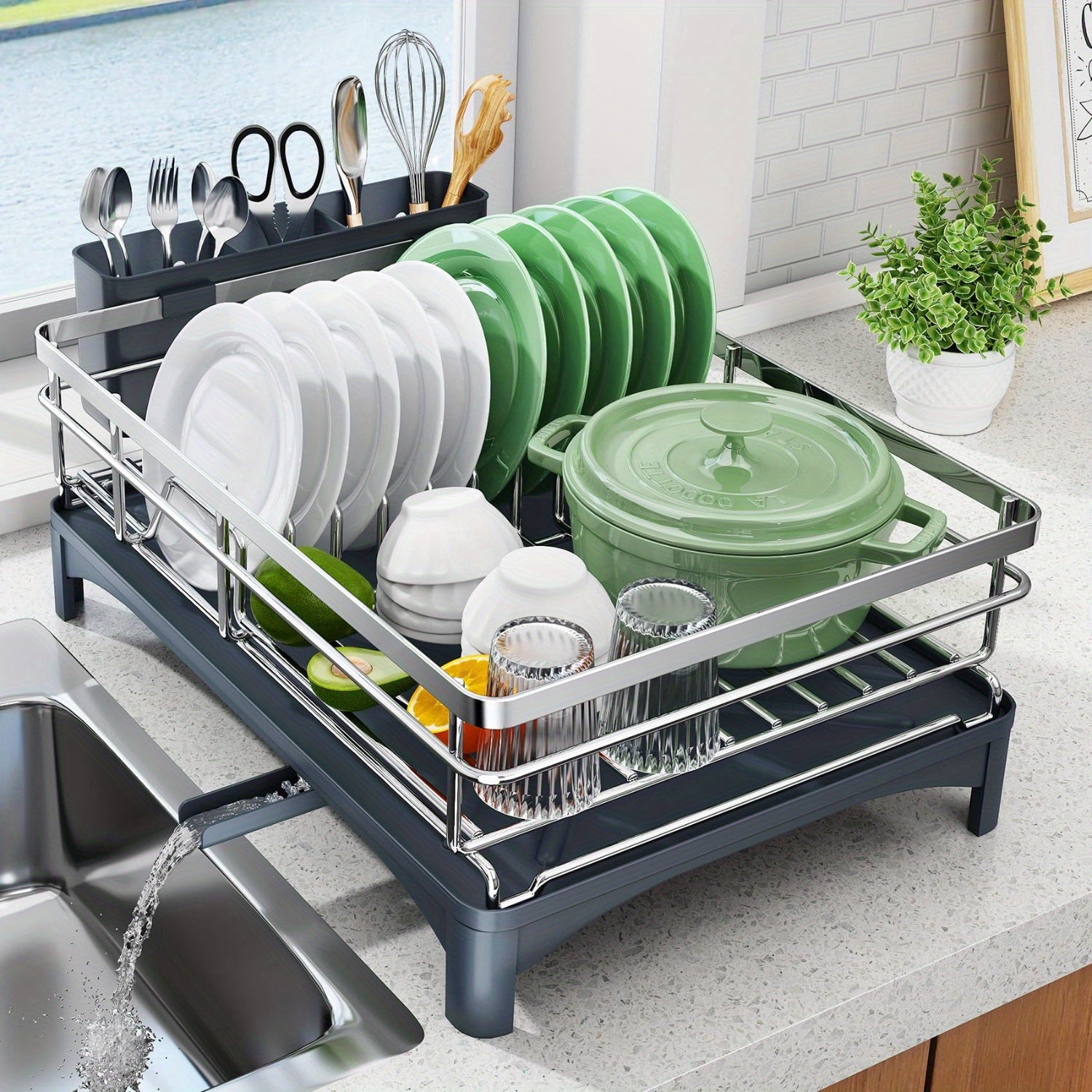 Dish Drying Rack for Kitchen Counter - Large Dish Rack with Drainboard, 304 Stainless Steel Dish Drainer with Utensil Holder for Sink, Used for Storing Plates, Forks, Water Cups, Spoons, Egg Beaters, Used for Kitchen, RV, Yacht, Outdoor Camping