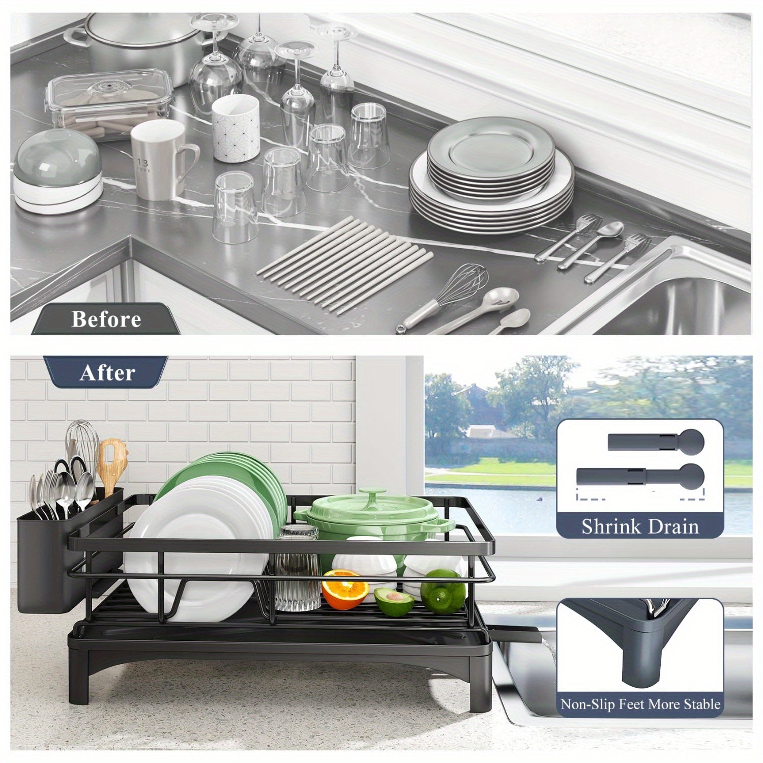 Dish Drying Rack for Kitchen Counter - Large Dish Rack with Drainboard, 304 Stainless Steel Dish Drainer with Utensil Holder for Sink, Used for Storing Plates, Forks, Water Cups, Spoons, Egg Beaters, Used for Kitchen, RV, Yacht, Outdoor Camping