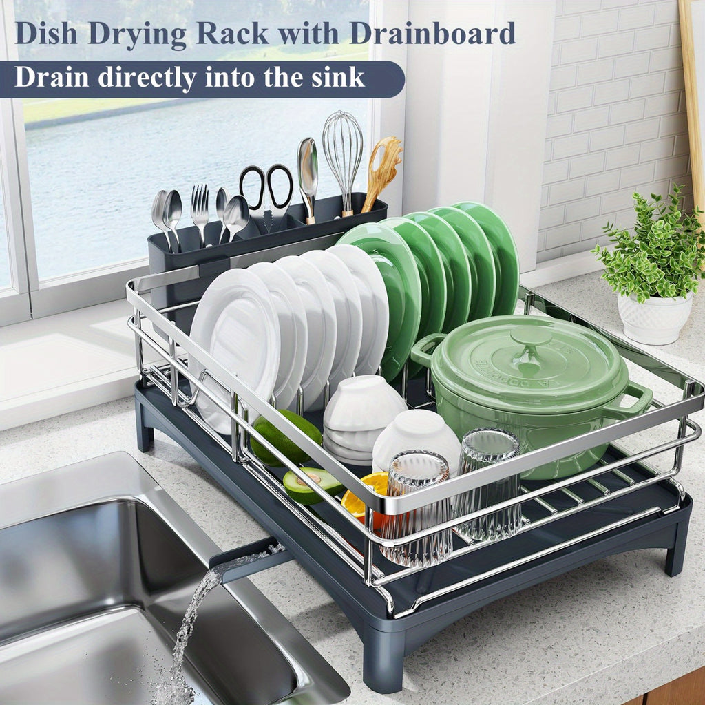 Dish Drying Rack for Kitchen Counter - Large Dish Rack with Drainboard, 304 Stainless Steel Dish Drainer with Utensil Holder for Sink, Used for Storing Plates, Forks, Water Cups, Spoons, Egg Beaters, Used for Kitchen, RV, Yacht, Outdoor Camping