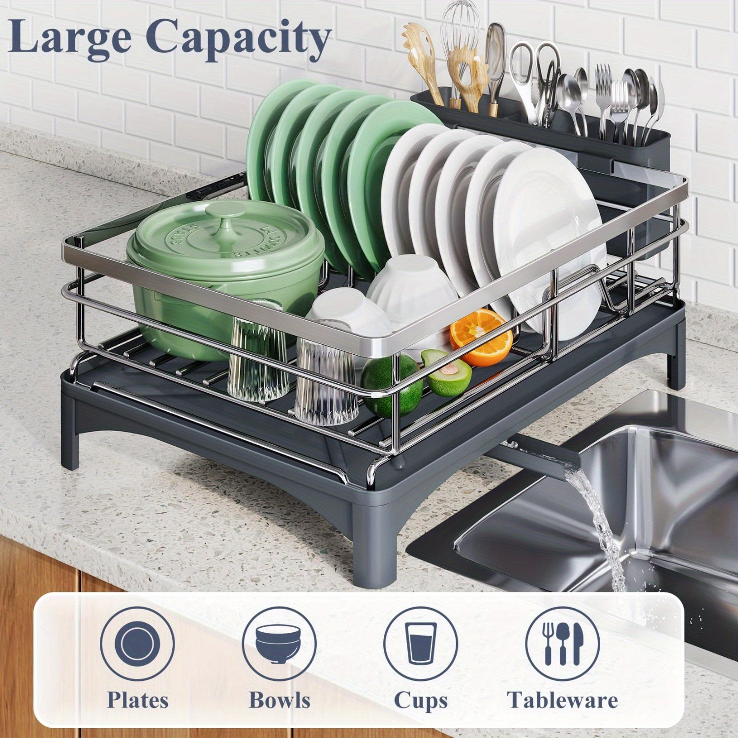 Dish Drying Rack for Kitchen Counter - Large Dish Rack with Drainboard, 304 Stainless Steel Dish Drainer with Utensil Holder for Sink, Used for Storing Plates, Forks, Water Cups, Spoons, Egg Beaters, Used for Kitchen, RV, Yacht, Outdoor Camping