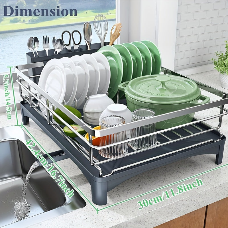 Dish Drying Rack for Kitchen Counter - Large Dish Rack with Drainboard, 304 Stainless Steel Dish Drainer with Utensil Holder for Sink, Used for Storing Plates, Forks, Water Cups, Spoons, Egg Beaters, Used for Kitchen, RV, Yacht, Outdoor Camping