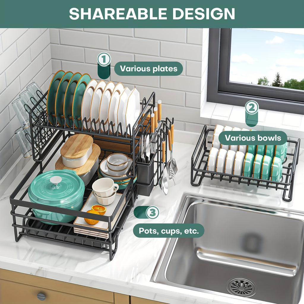 3-Tier Stainless Steel Dish Drying Rack with Removable Utensil Holder, Adjustable Plate Storage & Automatic Drainboard – Space-Saving Kitchen Counter Organizer for Dishes, Bowls, Mugs & More, Dish Drying Rack for Kitchen Counter